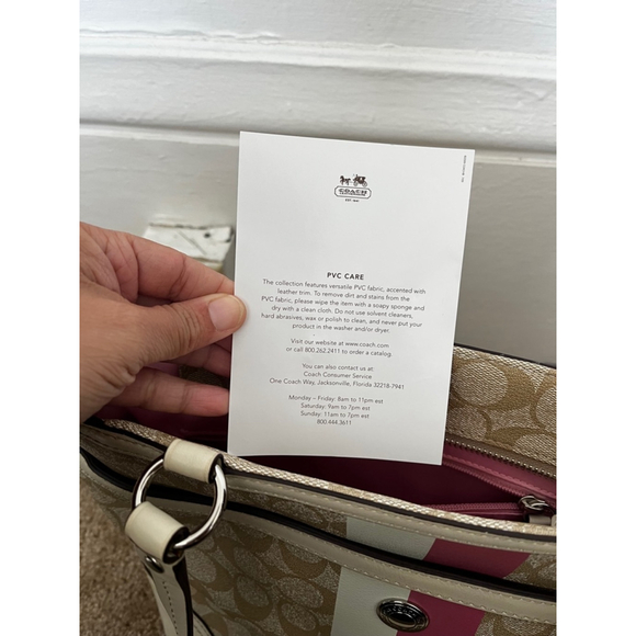 Coach Chelsea Leather Signature Heritage Logo Stripe Pink Beige Tote Bag - Picture 13 of 16